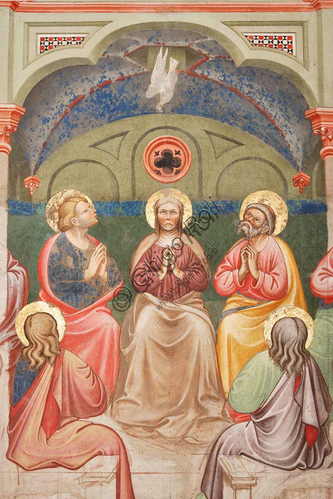 Vignola Stronghold, the Contrari Chapel, Western wall: "The Pentecost", fresco by the Master of Vignola, about 1420. Detail with praying saints and Virgin Mary, and the dove.