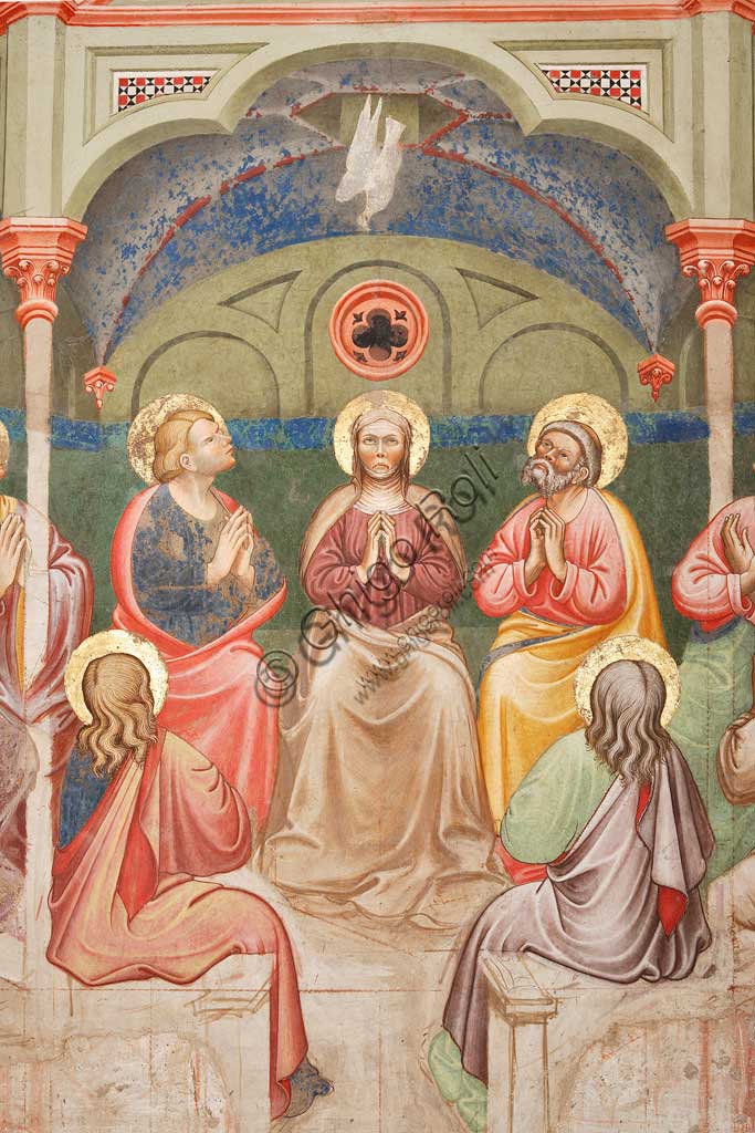 Vignola Stronghold, the Contrari Chapel, Western wall: "The Pentecost", fresco by the Master of Vignola, about 1420. Detail with praying saints and Virgin Mary, and the dove.