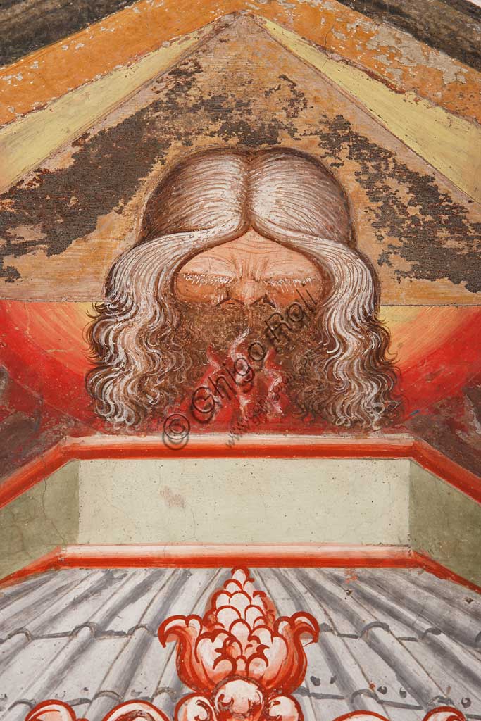 Rocca di Vignola, Cappella Contrari, parete Ovest "Pentecoste", affresco del Maestro di Vignola, anni Venti del Quattrocento. Particolare  con Dio Padre.