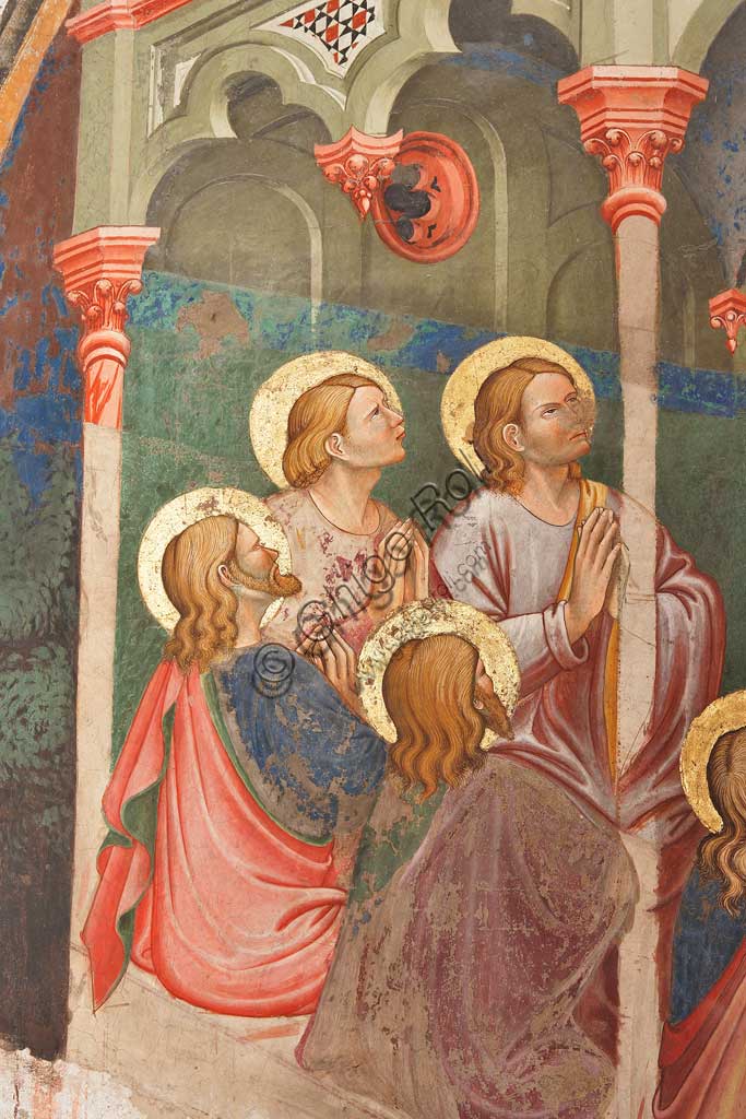 Rocca di Vignola, Cappella Contrari, parete Ovest "Pentecoste", affresco del Maestro di Vignola, anni Venti del Quattrocento. Particolare con santi in preghiera.