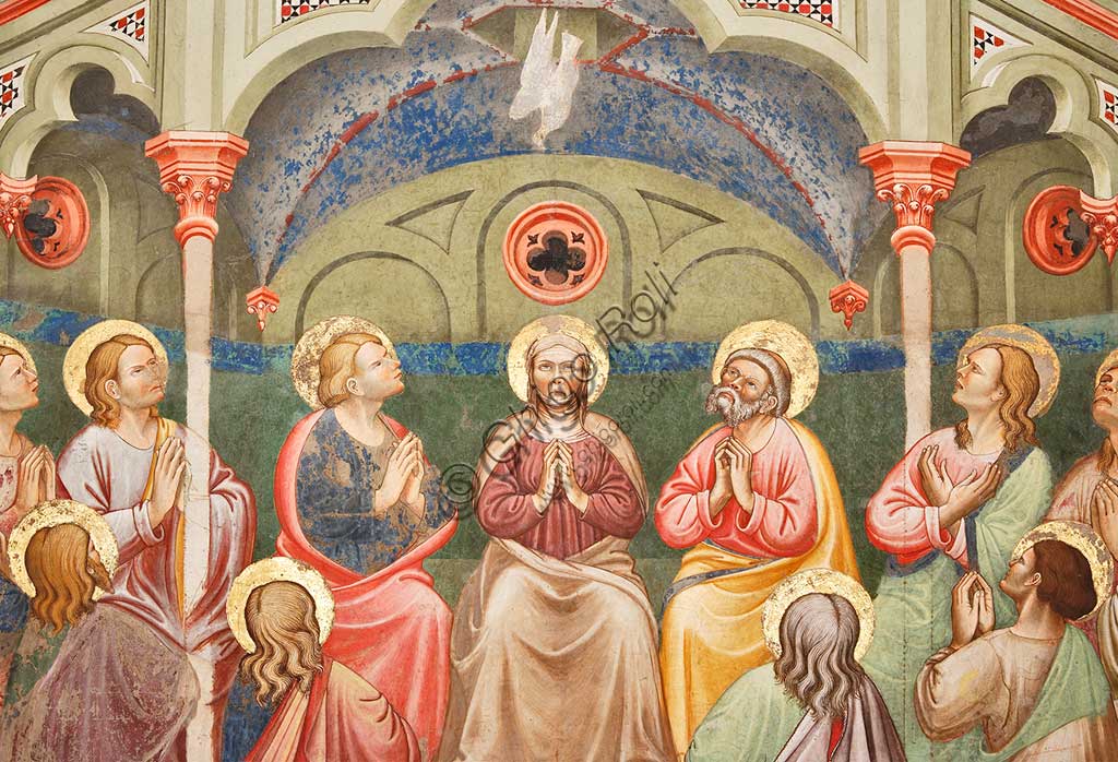 Vignola Stronghold, the Contrari Chapel, Western wall: "The Pentecost", fresco by the Master of Vignola, about 1420. Detail with praying saints and Virgin Mary, and the dove.