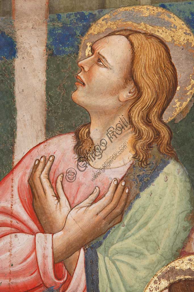 Rocca di Vignola, Cappella Contrari, parete Ovest "Pentecoste", affresco del Maestro di Vignola, anni Venti del Quattrocento. Particolare con santo in preghiera.