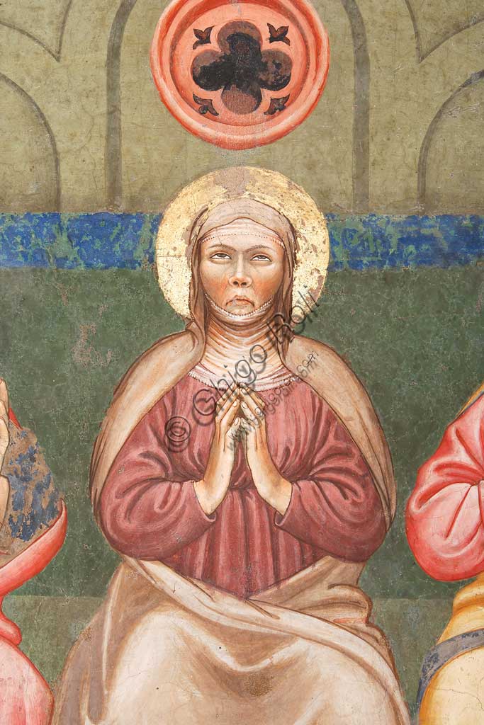 Rocca di Vignola, Cappella Contrari, parete Ovest "Pentecoste", affresco del Maestro di Vignola, anni Venti del Quattrocento. Particolare del viso della Madonna.