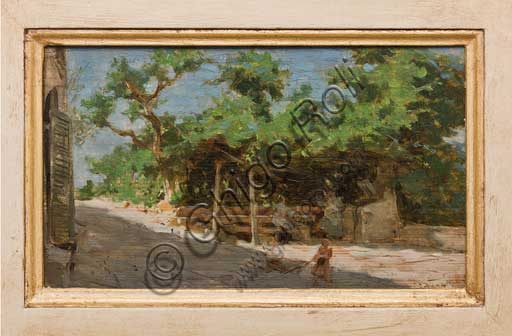 Collezione Assicoop - Unipol, inv. n° 465 :  Giovanni Muzzioli (1854 - 1894); "Il pergolato"; olio su tavola.