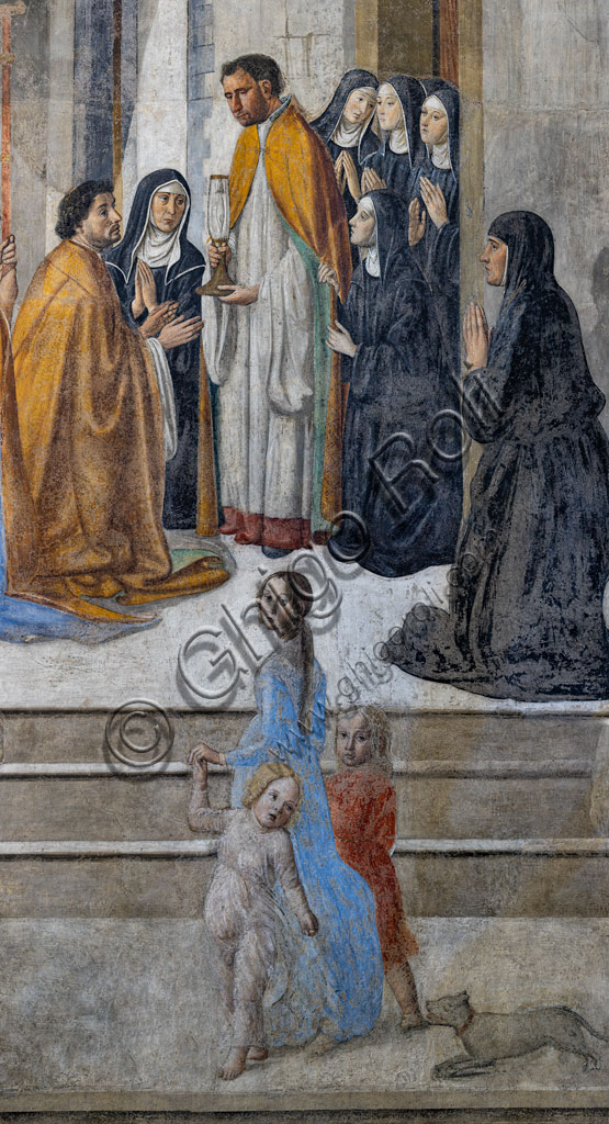 “Miracle of the Sacrament”, fresco by Cosimo Rosselli (1484- 1488): Detail. The kneeling person who receives the reliquary in front of the church door is Messer Francesco di Stefano della Torre; behind him, the abbess Maria de 'Barbadori is seen with folded hands.  In the foreground, young woman with braid and two children.Florence, Church of St. Ambrose, chapel of the Miracle of the Sacrament.