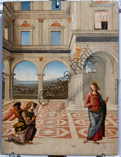  Perugia, National Gallery of Umbria: Annunciation, by Pietro di Cristoforo Vannucci, known as Perugiano, 1475 or 1493, tempera on panel.