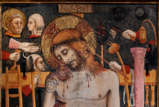 Perugia, Galleria Nazionale dell'Umbria: "Arma Christi( Cristo morto e simboli della Passione), di ambito di Mariano d'Antonio, 1440 - 50, tempera su tavola. Particolare. 