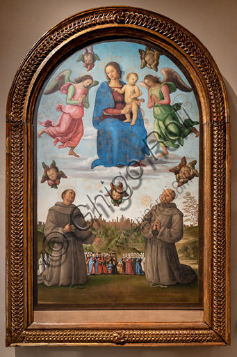  Perugia, National Gallery of Umbria: Banner of Justice (Madonna with Child and angels above, below saints Francis and Bernardino, in the background the city of Perugia with people and confreres), by Pietro di Cristoforo Vannucci, known as Perugino, around 1496, oil and tempera painting on canvas.