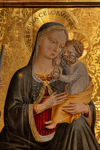  Perugia, National Gallery of Umbria: "Madonna of Humility among Saints Peter, John the Baptist, Jerome and Paul ", by Benozzo di Lese, detto Benozzo Gozzoli, 1456, tempera on panel. Detail.