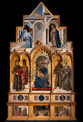  Perugia, National Gallery of Umbria: Polyptych of S. Antonio, by Piero della Francesca, 1467-9, oil on panel. Cymatium: Annunciation. Left: St. Anthony of Padua and St. John the Baptist. At the centre Madonna and Child. On the right, St. Francis and St. Elizabeth of Hungary. Upper predella: S. Clareand S. Agatha. Lower predella: The miracle of St. Anthony of Padua, the stigmata of St. Francis and the miracle of St. Elizabeth of Hungary.