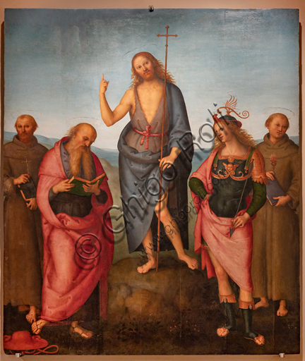 Perugia, Galleria Nazionale dell'Umbria: S. Giovanni Battista tra i Santi Francesco, Girolamo, Sebastiano e Antonio da Padova, 1500-10, tempera e olio su tavola, di Pietro di Cristoforo Vannucci, detto il Perugino.