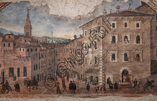 Perugia, Galleria Nazionale dell'Umbria: Veduta di Palazzo Pontani nel Borgo di S. Pietro, di Giovan Battista Caporali , 1535, affresco staccato.