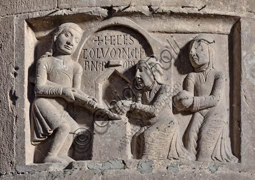 Piacenza, the Cathedral (Duomo),  interior, pillar of the Southern transept: one of the tiles of Paratici (Arts and Trades Guilds).