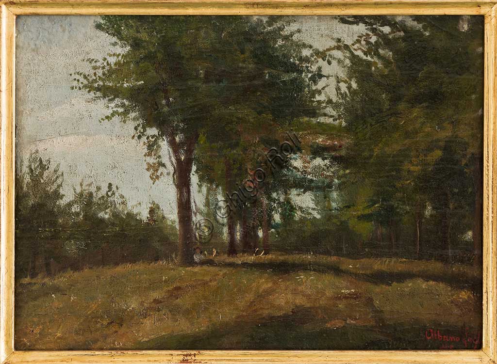 Collezione Assicoop Unipol: Albano Lugli (1834 - 1914); "La Piantata"; olio su tavola, cm. 20x 28.