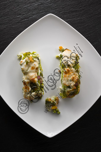   A dish of vegetarian lasagne, made with vegetables instead of the traditionl bolognese sauce.