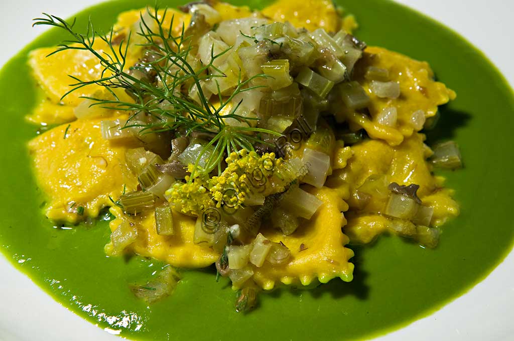  A plate of vegetarian "ravioli" (kind of typical Italian first course) seasoned with celery and other vegetables.
