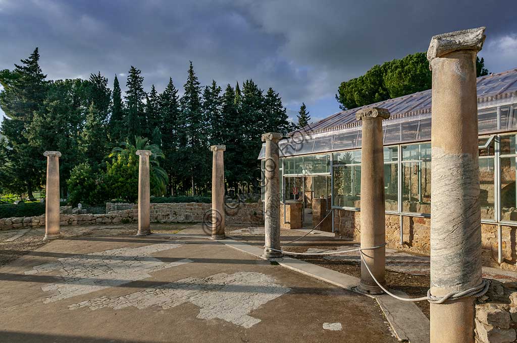 Piazza Armerina, Villa romana del Casale: veduta di colonne della villa, che probabilmente era palazzo imperiale urbano. Oggi è Patrimonio dell'umanità dell'UNESCO.