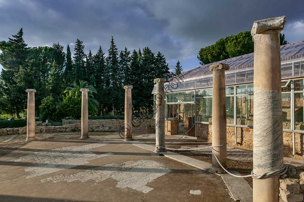 Piazza Armerina, Roman Villa of Casale: view of columns of the villa, which was probably an imperial urban palace. Today it is a UNESCO World Heritage Site.