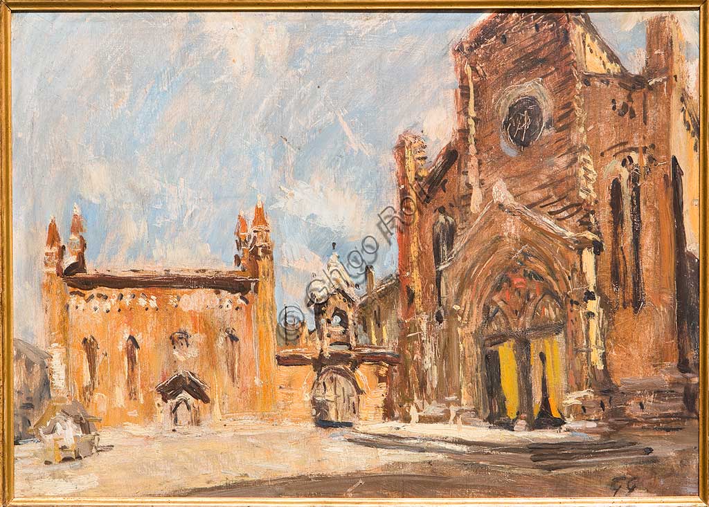 Assicoop - Unipol Collection: Giuseppe Graziosi (1879-1942),"Square in Verona". Oil on plywood, cm. 55 X 41.