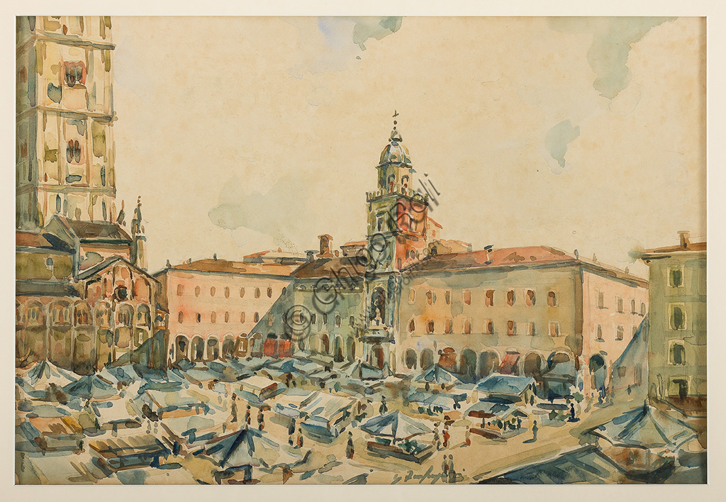  Assicoop - Unipol Collection:Ghigo Zanfrognini: "Piazza Grande in Modena". Watercolour, cm 32 x 47.