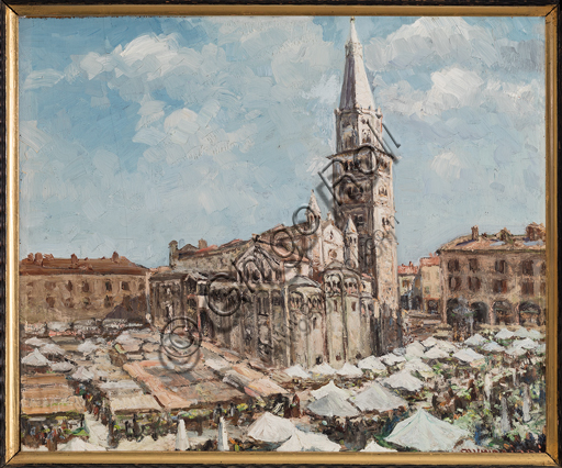 Casimiro Jodi, (1886-1948): "Grande Square in Modena" ; oil painting on panel, cm. 50 × 60.