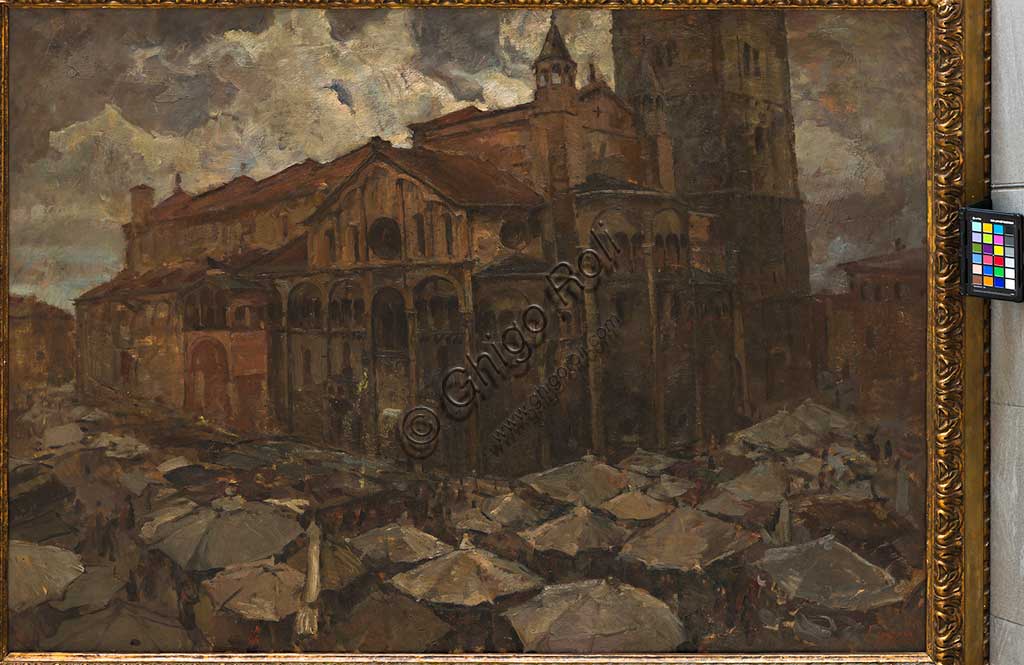 Collezione Assicoop / Unipol: Mario Vellani Marchi (1895 - 1979), "Piazza Grande di Modena", olio su compensato.