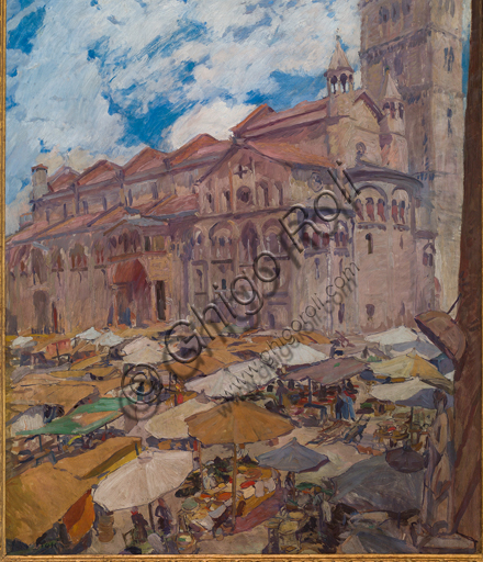 Giuseppe Graziosi (1879 - 1942): " Grande Square in Modena", oil painting on canvas, cm 98 X 115.