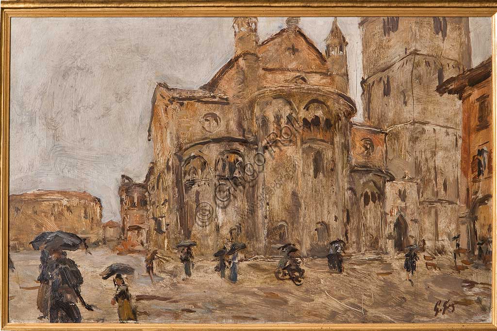Collezione Assicoop - Unipol: Giuseppe Graziosi (1879-1942), "Piazza Grande sotto la pioggia". Olio su compensato, cm. 74,5 x 47.