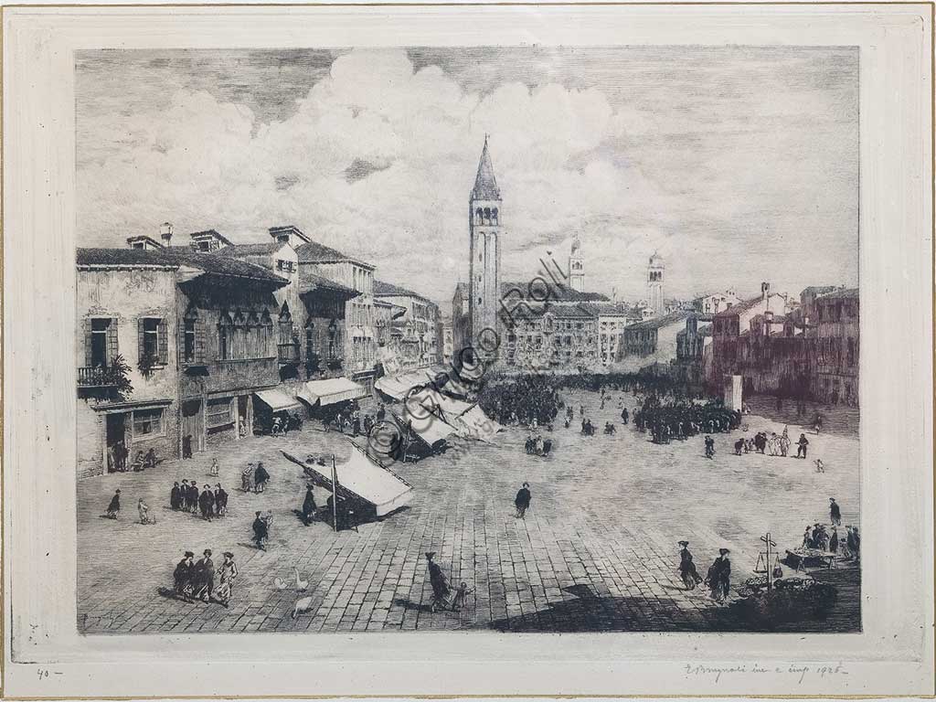Collezione Assicoop - Unipol: Emanuele Brugnoli (1859 - 1944), "Piazza con mercato", incisione.