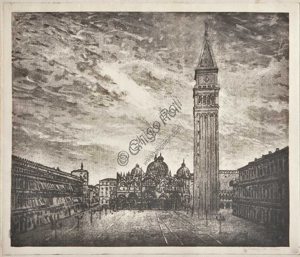 Assicoop - Unipol Collection: "St Mark's Square", etching  on white paper, by Giuseppe Miti Zanetti (1859 - 1929).