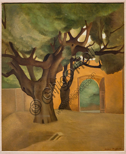 Museo Novecento: "Square with trees", by Antonio Donghi,1925. Oil painting on canvas.