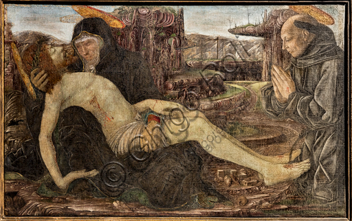 “Lamentation with client shown as St. Francis”, by Francesco del Cossa, 1467.