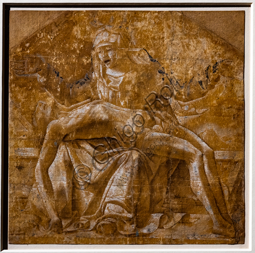 “Pietà”, di Ercole de’ Roberti, 1475-80 circa. Disegno a penna, acquarello e biacca su carta preparata in ocra rossa.