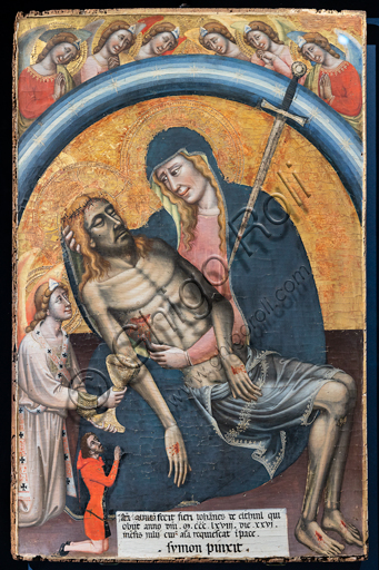 “Lamentation over the dead Christ” with the client,  Iohannes de Elthinl, by  Simone dei Crocifissi, c. 1368. The Virgin is represented as Our Lady of Sorrows, with a sword in her heart.