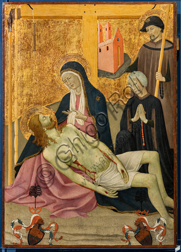 “Lamentation with St. Sebaldus and the client Peter Volckamer”, 1432, by Master of the Observance or Sano di Pietro.