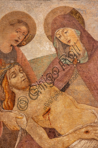 Perugia, Galleria Nazionale dell'Umbria: "Pietà tra i S. Giovanni Evangelista e Maria Maddalena", di Bartolomeo Caporali, nono decennio del XV secolo, affresco strappato e riportato su tela. Particolare. 