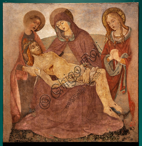 Perugia, Galleria Nazionale dell'Umbria: "Pietà tra i S. Giovanni Evangelista e Maria Maddalena", di Bartolomeo Caporali, nono decennio del XV secolo, affresco strappato e riportato su tela. 