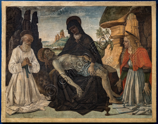 “Lamentation between St. Jerome and St . Mary Magdalene”,  painting conceived as a banner to be carried in procession, by Pietro Vannucci known as il Perugino, around 1473.