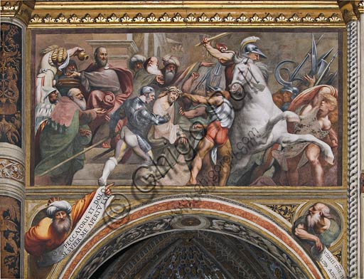 Cremona, Duomo (Cattedrale di S. Maria Assunta), interno, navata mediana, quattordicesimo arcone: "Pilato si lava le mani (Salita al Calvario) ", affresco del Pordenone (Giovanni Antonio de' Sacchis), 1520.