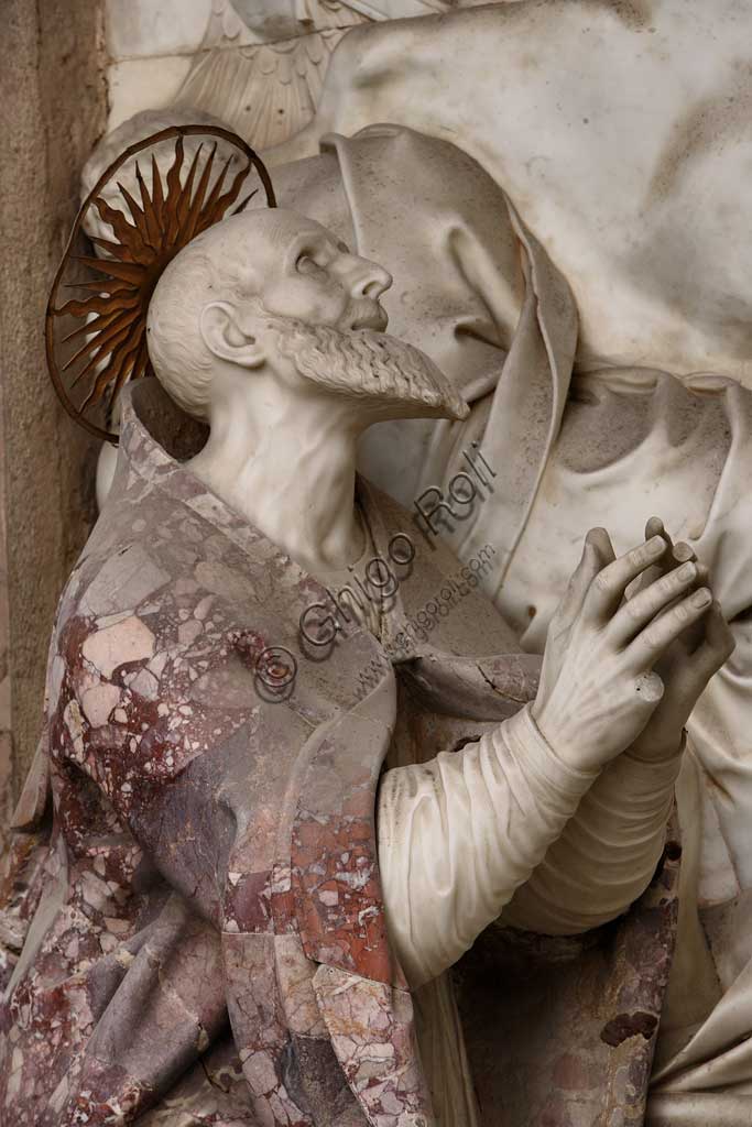 Church of Santa Croce, Mausoleum of St. Pius V: a high-relief in white marble representing  the Resurrection and Pius V in prayer. Based on a design by Giovanni Antonio Buzzi (1568-1571). Detail of Pius V praying.