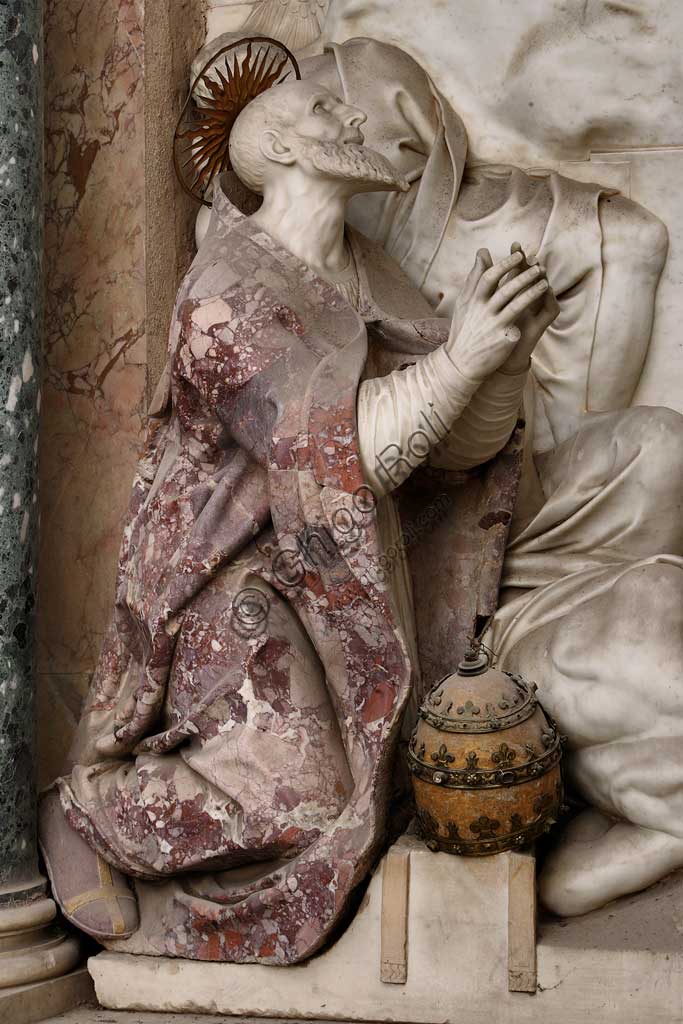 Church of Santa Croce, Mausoleum of St. Pius V: a high-relief in white marble representing  the Resurrection and Pius V in prayer. Based on a design by Giovanni Antonio Buzzi (1568-1571). Detail of Pius V praying.