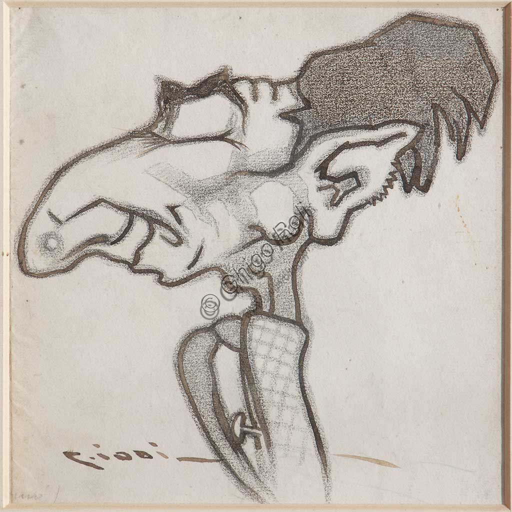 Collezione Assicoop - Unipol: Casimiro Jodi (1886-1948),  "Il pittore Giovannini". Inchiostro nero e carboncino su carta.
