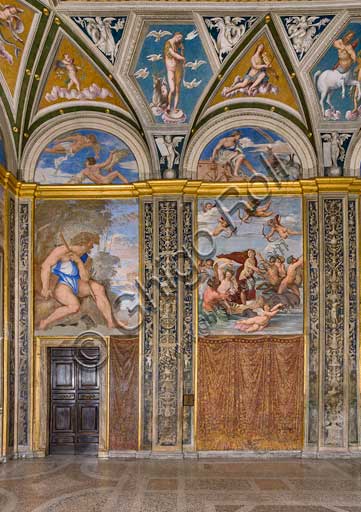 Rome, Villa Farnesina, the Loggia of Galatea: frescoes.On the left, "Polyphemus", by Sebastiano del Piombo (1512 - 3). The Cyclop, who was  in love with the beautiful nymph, originally was frescoed naked and afterwards covered by a light blue dress.On the right, "The Triumph of Galatea", by Raphael (1513 - 4). Galatea was the beautiful nymph whom Raphael depicted amongst a throng of sea creatures as she speeds away from her admirer on a fantastical shell drawn by dolphins.In the upper lunettes, both by Sebastiano Del Piombo (1511 - 12): on the left "Dedalus and Icarus"; on the right "Juno on a chart drawn by two peacocks.