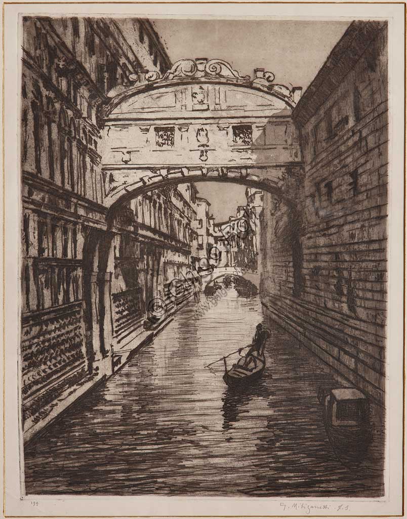 Collezione Assicoop - Unipol: "Ponte dei Sospiri", acquaforte  su carta bianca, di Giuseppe Miti Zanetti (1859 - 1929).