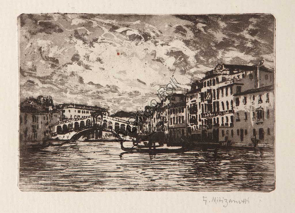 Assicoop - Unipol Collection: "The Rialto Bridge in Venice", etching and aquatint on white paper, by Giuseppe Miti Zanetti (1859 - 1929).
