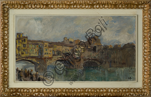 Giuseppe Graziosi (1879 - 1942): "Ponte Vecchio in Florence" (Oil painting on canvas, 35 x 61 cm).