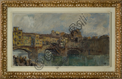 Giuseppe Graziosi (1879 - 1942): "Ponte Vecchio a Firenze" (olio su tela, 35 x 61 cm).