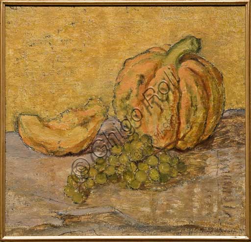 Collezione Assicoop Unipol:  Tino Pelloni (1895 - 1981), " Il popone con uva". Olio su tela, cm 42 x 45.