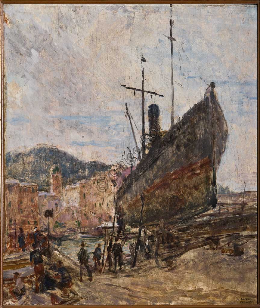 Assicoop - Unipol Collection:  Giovanni Forghieri, "Harbour and Boat", oil painting.