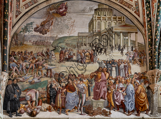  Orvieto,  Basilica Cathedral of Santa Maria Assunta (or Duomo), the interior, Chapel Nova or St. Brizio Chapel, lunette of the west wall: "Preaching and the facts of the Antichrist", fresco by Luca Signorelli, (1500 - 1502). The men dressed in black on the left hand side of the wall are the portratis of Luca Signorelli and Beato Angelico.